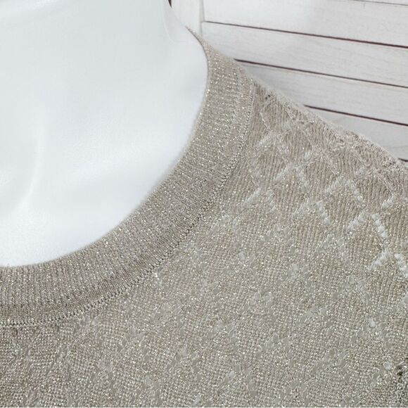 MNG Mango Pointelle Metallic Shimmer Button Up Cardigan Sweater Tan Gold Large - Picture 7 of 12